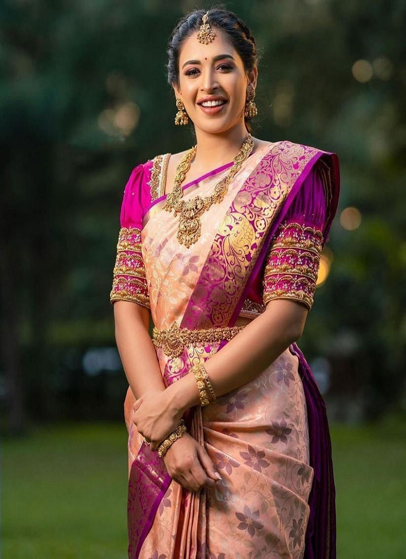 Peach Flower By Aab Soft Lichi Silk Wedding Wear Saree Orders In India